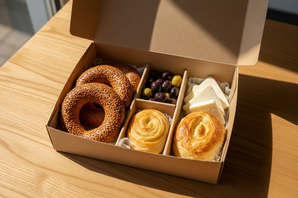 Kraft kutuda taze susamlı simit, poğaça, zeytin ve beyaz peynir tabağı