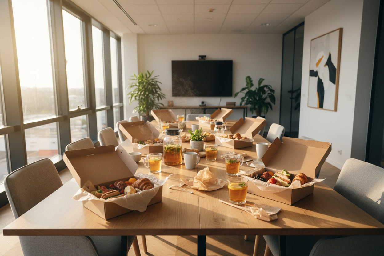 Ofis toplantı masasında açılmış kahvaltı kutuları ve çay