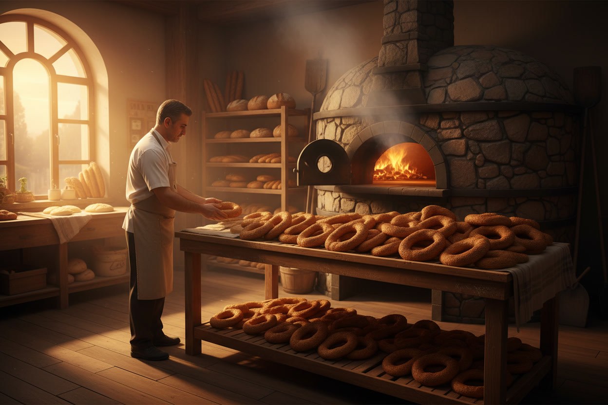 Taş fırının önünde simit dizen fırıncı, sabahın erken saati