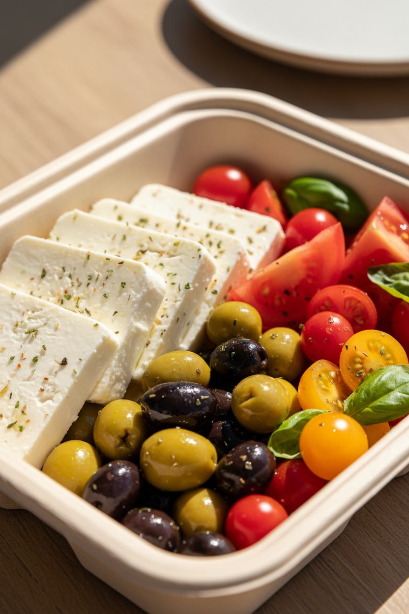 Kraft kutuda dizili beyaz peynir, zeytin ve domates